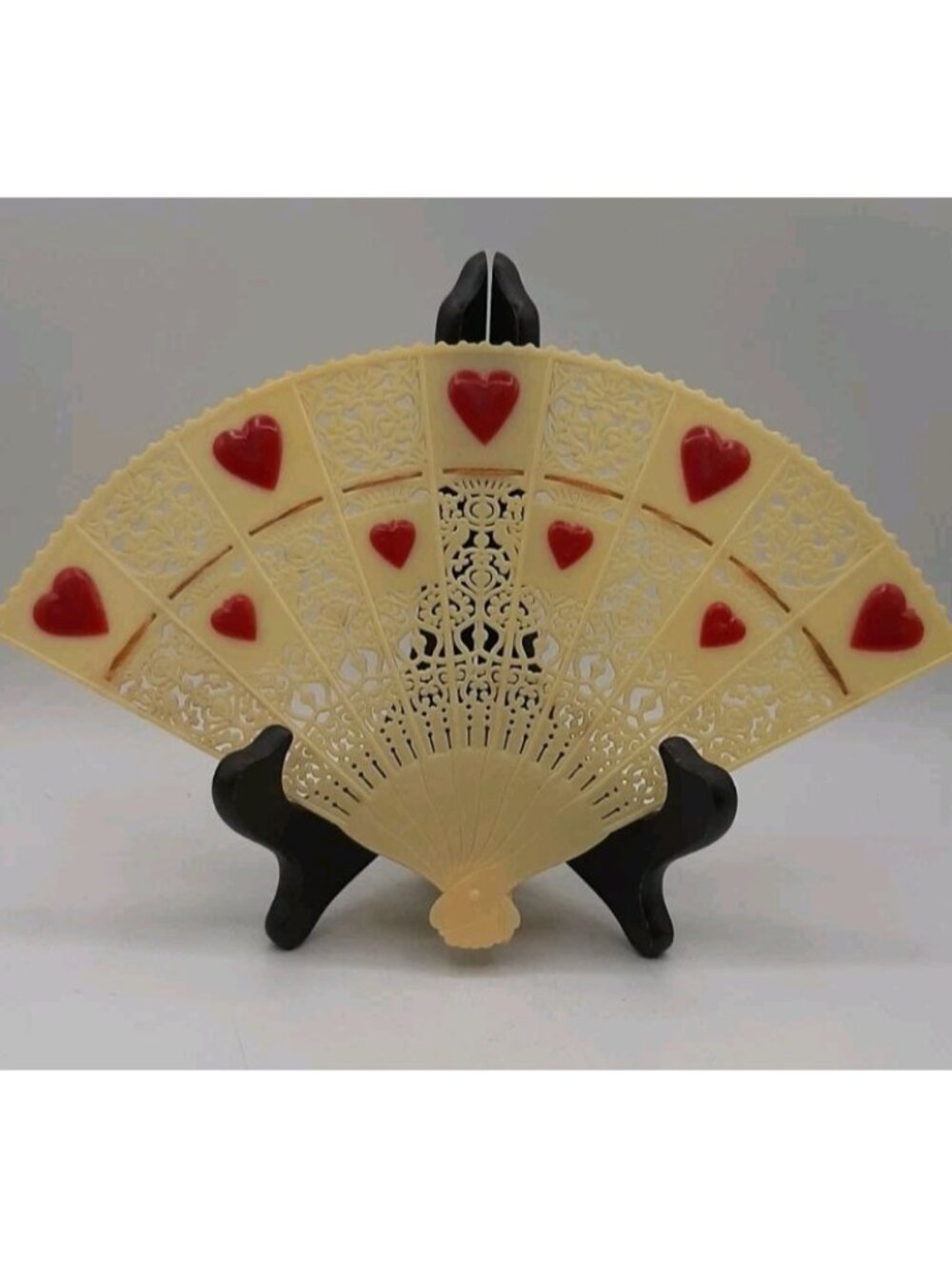Vintage Valentines Day Plastic Hand Fan Made in Hong Kong Embossed Hearts